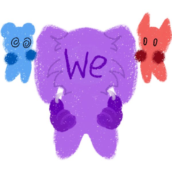 A purple figure with floppy ears stands in the middle with a red headmate on the right and a blue headmate on the left, written on its face is "We" as it points to itself with both paws"